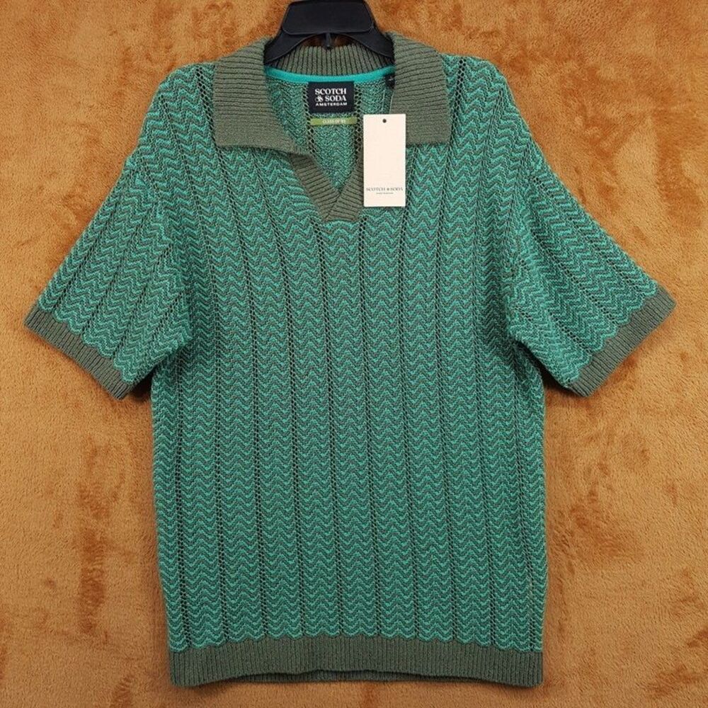 SCOTCH & SODA Polo Shirt Mens Large Green Structured Knit Contrast Trim $148
